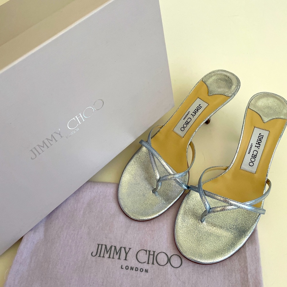 Jimmy Choo Kitten Heel Sandals in Metallic Blue Size 37 1/2